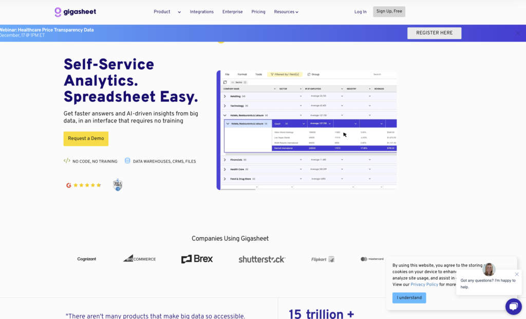 Gigasheet interface showcasing a cloud-based platform for managing massive spreadsheets with features like filtering, grouping, and Salesforce integration.